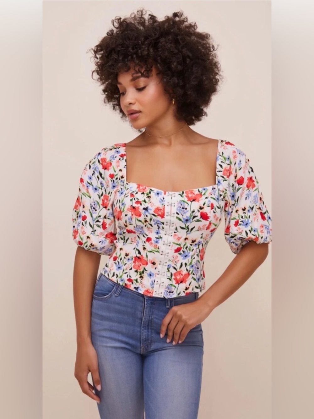 ASTR The Label Linen Floral Hook & Eye Square Neck Top Size M